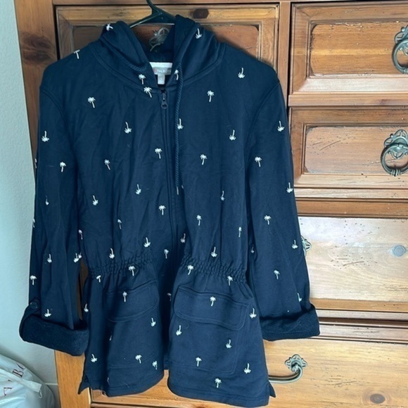 NWOT Talbots Women’s Navy Jacket With White Embroidered Palm Trees Size Large - Picture 1 of 8